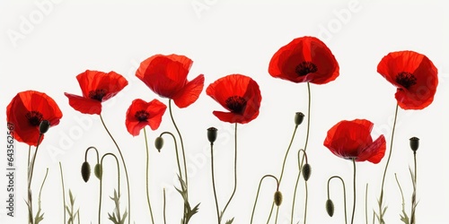 A group of red poppies against a white background. Digital image.