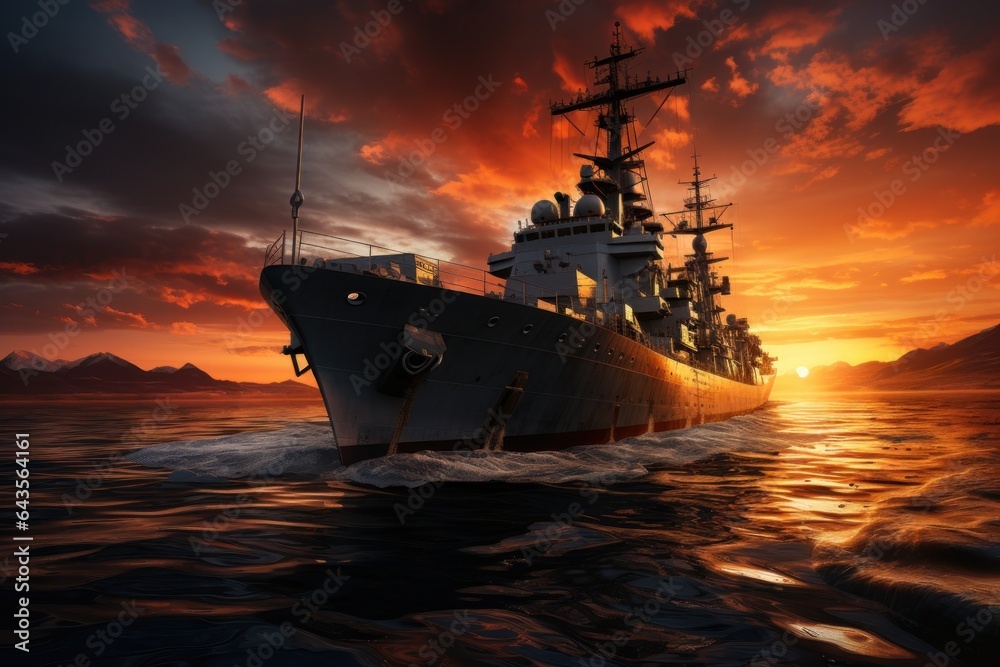 Fototapeta premium Battle ship, War ship, Sunset time generate with AI.