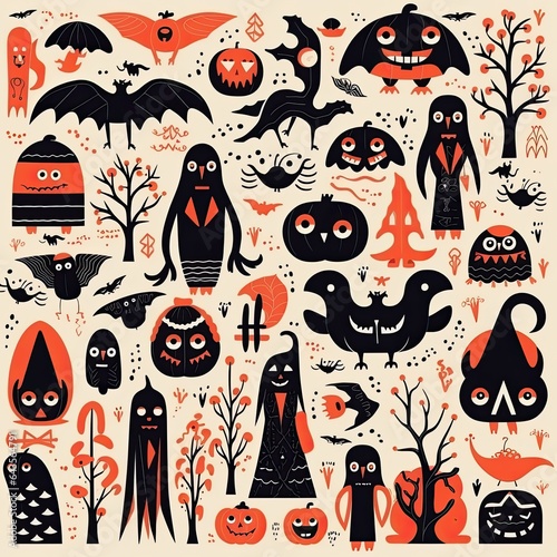Sketch Halloween seamless pattern with orange colors. Generative AI