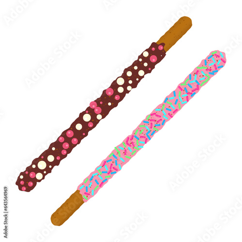 Assorted chocolate chip cookie sticks dipped in sprinkles. Decorated popping candy for Pepero day in Korea. Frosted biscuits with different flavours. Vector illustration
