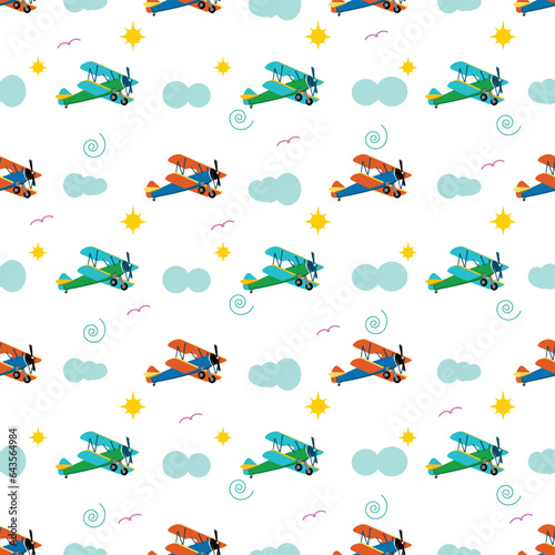  kids sunny day and an aeroplane seamless repeat pattern