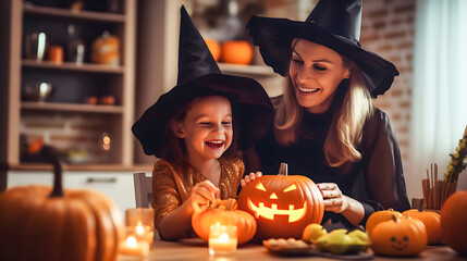 Mother and daughter with witch costume doing pumpkin lantern for halloween holiday at home- Model by AI generative
