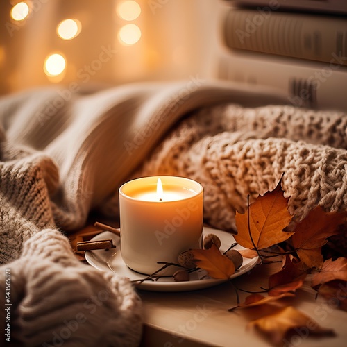 Fall aesthetics, autumn interior decor with cozy blanket and burning candles