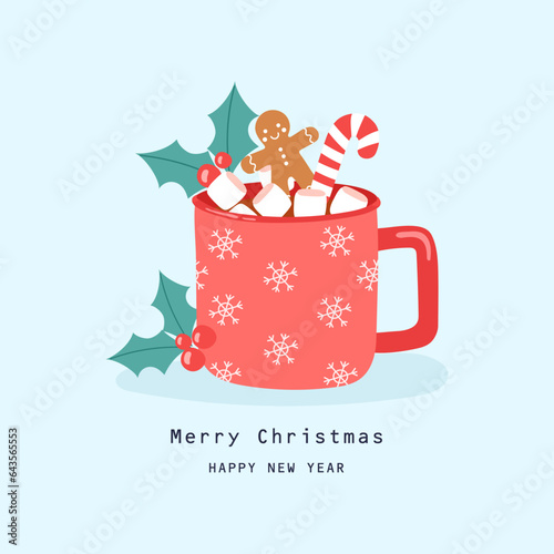 Christmas card with red cup of cocoa with  Gingerbreadmen and marshmallows. Vector illustrations
