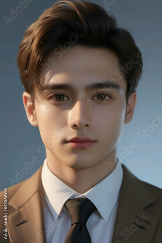 Closeup portrait of stylish handsome boy wearing business suit with white shirt and black tie, stylish hair style and glowing smooth glass skin boy with blue blur background