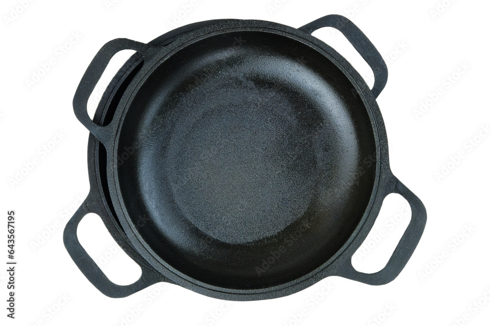 Cast iron pans. Rustic cookware. Kitchenwares isolated on white background. Top view. Cast iron pans. Rustic cookware. Kitchenwares isolated on white background. Top view.