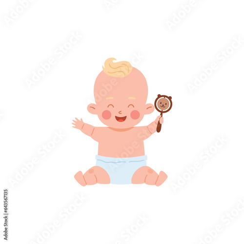 Baby in diaper playing with rattle toy flat vector illustration isolated.
