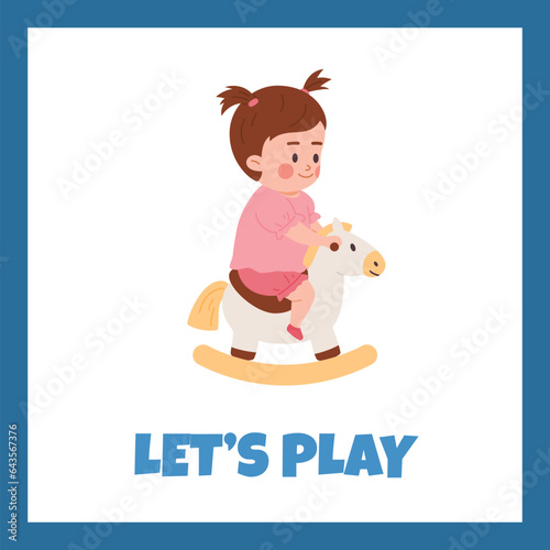 Lets play poster or card with child rocking on toy horse, vector illustration.