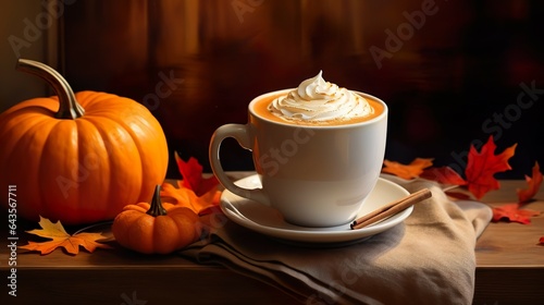 Autumn scene on a wooden table with a cappuccino and some decorations in various natural colors