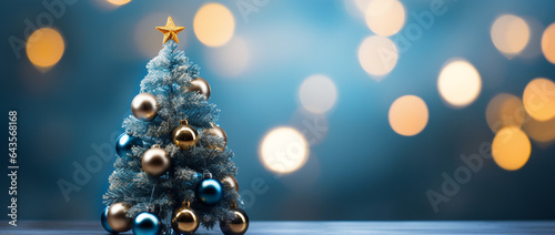 A Christmas tree adorned with a star and baubles on a gently blurred blue backdrop.