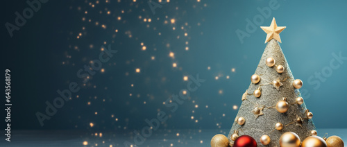 A Christmas tree adorned with a star and baubles on a gently blurred blue backdrop.