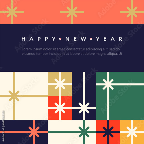 Merry Christmas and Happy New Year minimal design template with stylised gift boxes.