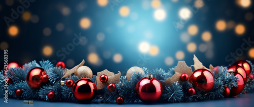 Christmas wreath with decorations on a gently blue snowfall background.