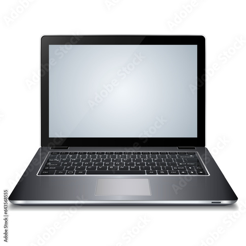 Laptop with blank screen isolated on white background. Realistic open laptop with white aluminium body. Modern glossy laptop. Vector illustration.