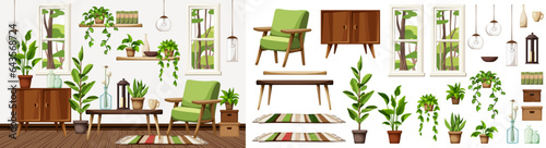 Cozy living room interior with an armchair, a dresser, two windows, and plenty of houseplants. Scandinavian interior design. Urban jungle interior. Furniture set. Interior constructor. Cartoon vector