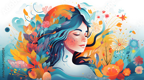 Colourful Illustration of Calm Person Engaging in 
Self-Care Practices for Mental Wellness: Whimsical, Uplifting, Nature Lover