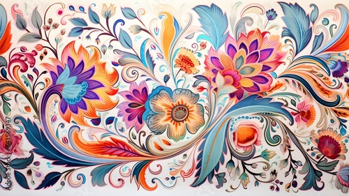 Ikkat floral ethnic drawing pattern, hand-drawn paisley ornament. Abstract traditional folk antique graphic. Aztec geometric art for texture, fabric, clothing, wrapping, and decorating. Generative AI.