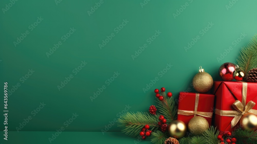 Christmas banner with blank space for text, green background, gifts, fir tree branches, red ornaments, 8k