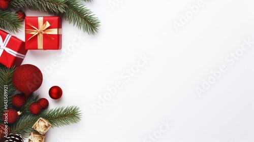 Christmas composition with blank space for text white background  Gifts  fir tree branches. top view  copy space