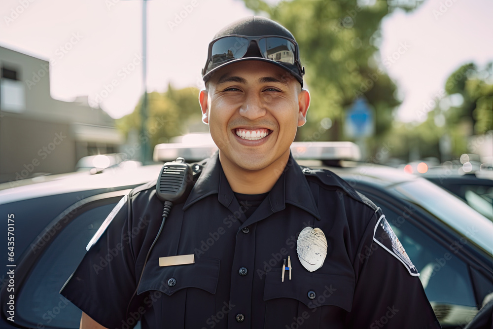 A cheerful and professional uniformed police officer stands near a