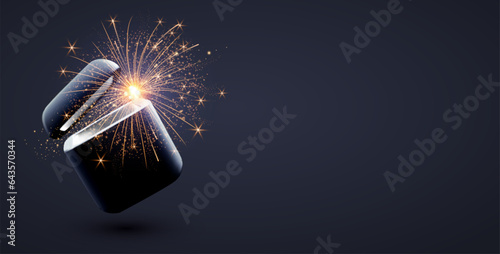 3D opened gift box with magic fireworks. Black Friday ad Christmas sale design template.