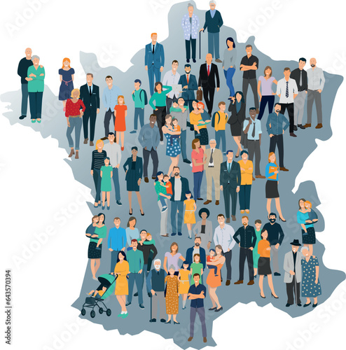 Illustration vectorielle montrant une foule de gens sur la carte de la France. Représentation de la population française