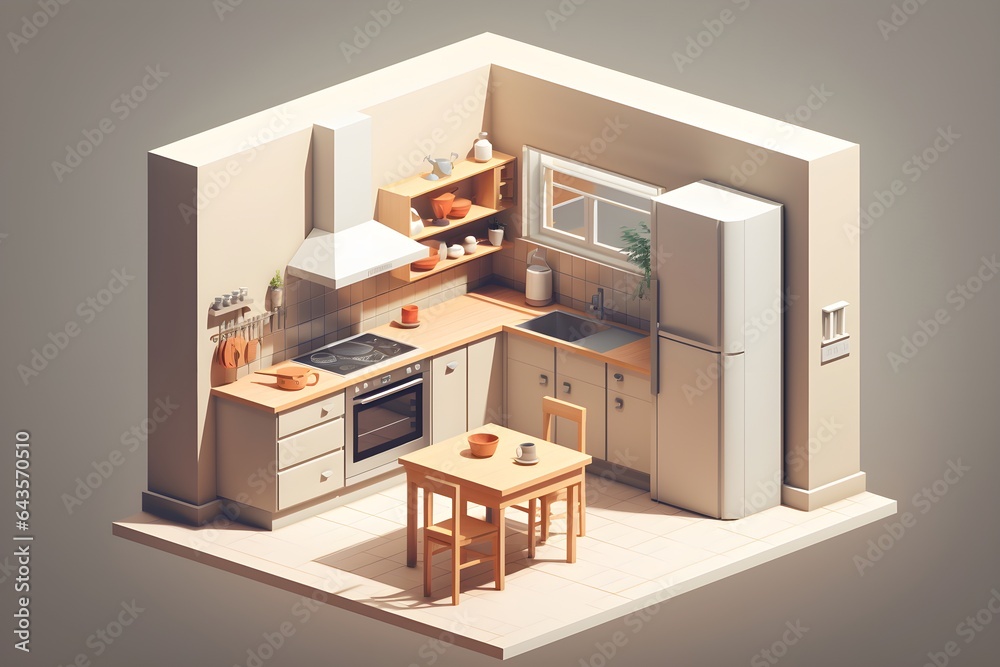 Kitchen in white colors nordic modern style 3d render. Mockup studio for presentation, fashion, performing art, pastel trendy colors background, isometric, dining area