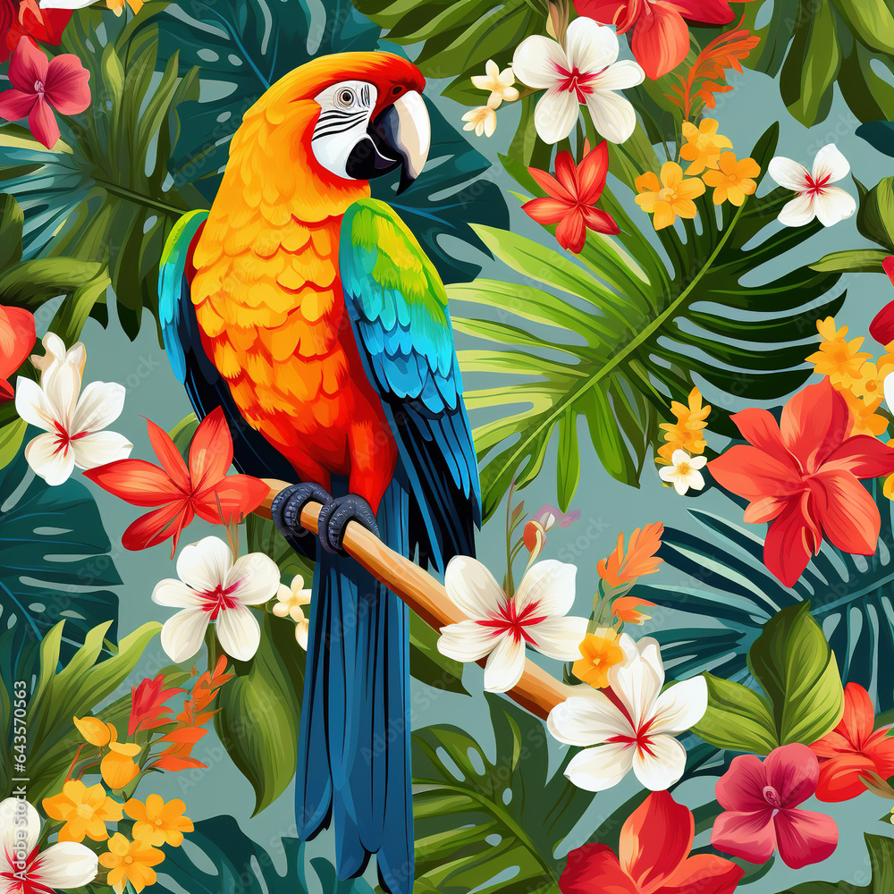 Fototapeta premium Image of pattern design using macaw and flowers and leaves. Wildlife Animals. Bird. Illustration, Generative AI.