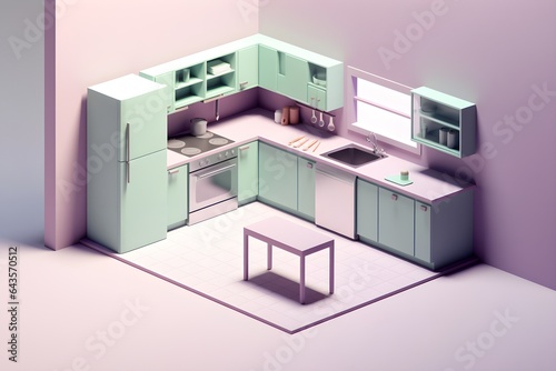 Kitchen in white colors nordic modern style 3d render. Mockup studio for presentation, fashion, performing art, pastel trendy colors background, isometric, dining area