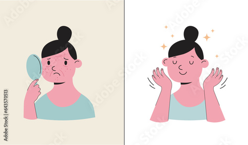 Skincare, routine illustrations with cute girls. Cream, lotion, mask, eye cream and sunscreen bottles