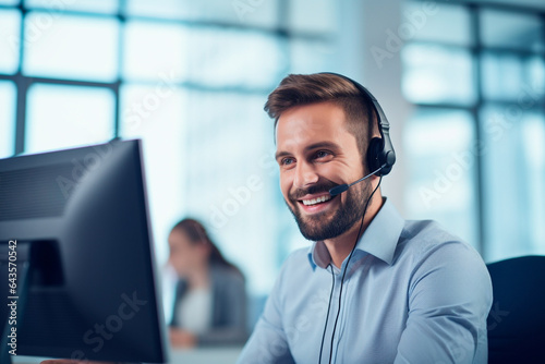 Trabajador de atención al cliente hablando por auriculares. Customer services. Hombre joven