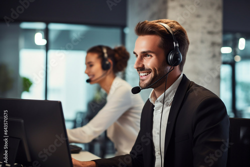Trabajador de atención al cliente hablando por auriculares. Customer services. Hombre joven