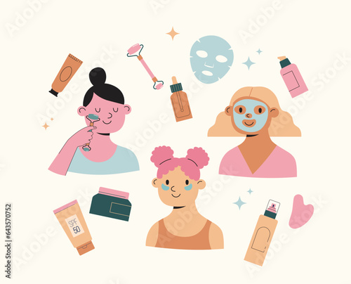 Skincare, routine illustrations with cute girls. Cream, lotion, mask, eye cream and sunscreen bottles