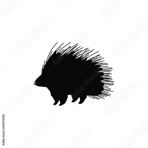 Porcupine with long spines on back black silhouette, North America animals, herbivore forest mammal vector illustration