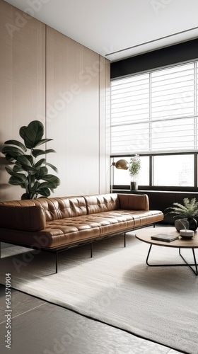 Serenity in Simplicity: Minimalist Living Room with Sleek Leather Couch. Generative AI 7