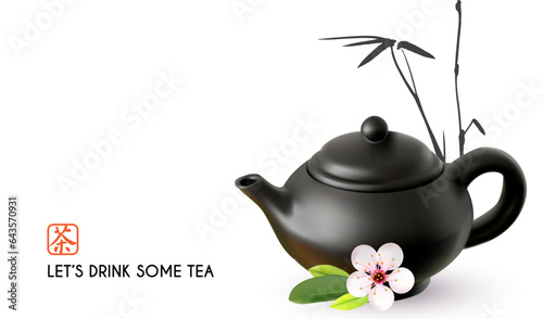 3D realistic teapot with flower. Chinese tea ceremony