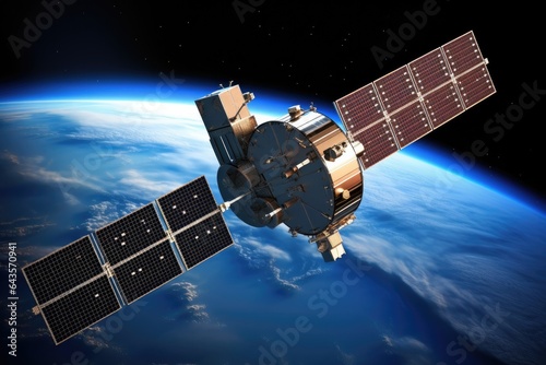 Satellite in orbit around Earth. Blue planet and space in the background