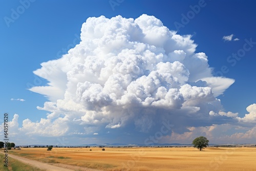 Rural landscape with thunderstorm cumulonimbus cloud and blue sky. photo