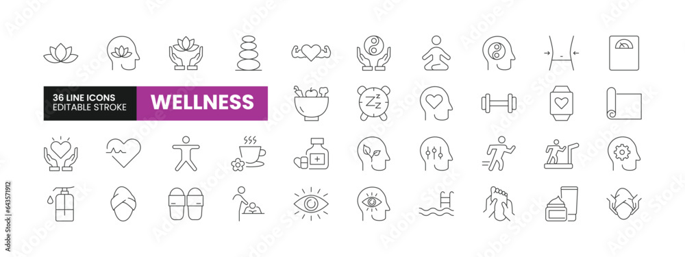 Set of 36 Wellness line icons set. Wellness outline icons with editable stroke collection. Includes Wellness, Sauna, Massage, Diet, Exercise and More.