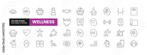Set of 36 Wellness line icons set. Wellness outline icons with editable stroke collection. Includes Wellness, Sauna, Massage, Diet, Exercise and More.