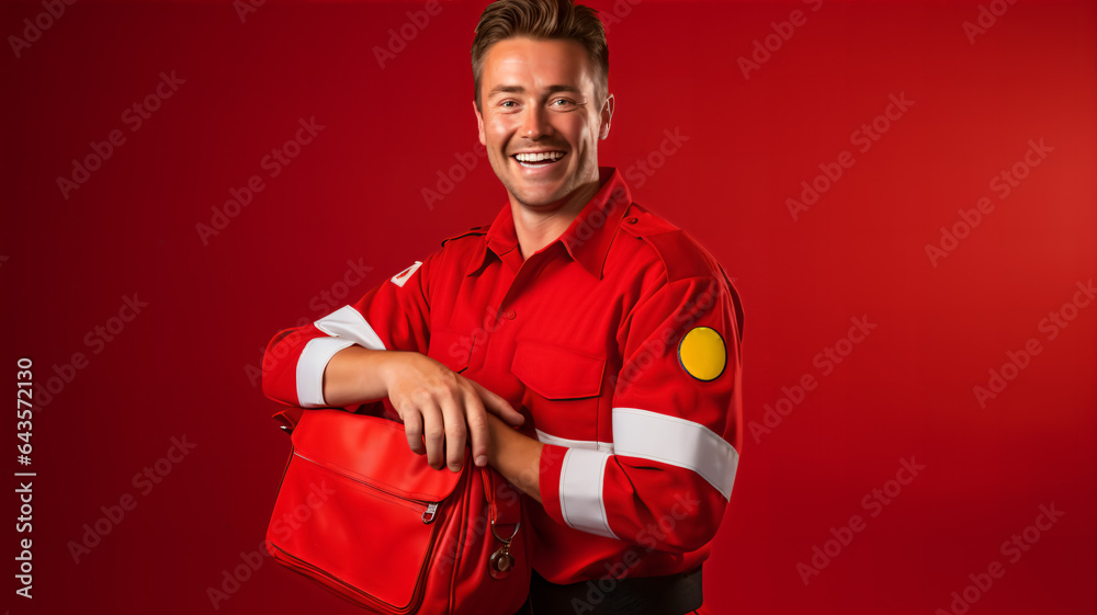 A tireless male paramedic in uniform holding a first aid kit against a red background