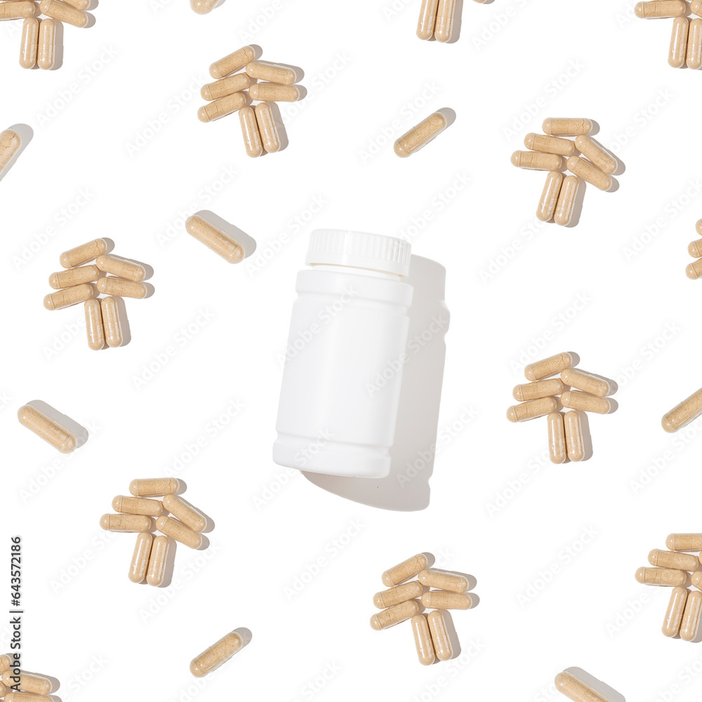 Mushroom supplement pills. Minimal flat lay.