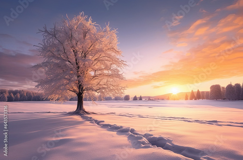 bosque nevado con arboles helados en atardecer con puesta de sol, con cielo azul y nubes