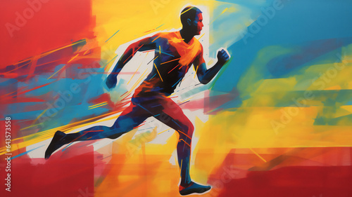 Male athlete runner doing a training excercise for a sports event by jogging and running shown in a contemporary athletic abstract design, Generative AI stock illustration image
