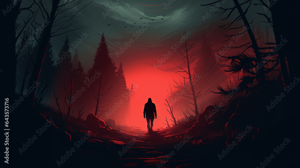 Landscape with a silhouette of a man walking on a trail into the misty scary forest in comic style, which can be used as background or wallpaper. Digital illustration generative AI.
