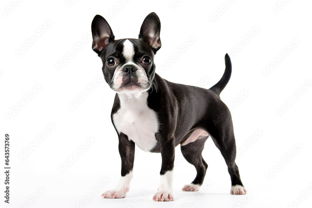 Full body photo of an adorable Boston Terrier dog isolated on white background. Digital illustration generative AI.