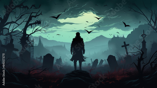 Landscape with a silhouette of a man walking in the misty scary graveyard in comic style, which can be used as background or wallpaper. Digital illustration generative AI.