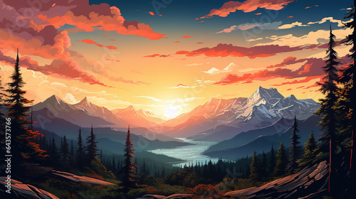 Scenic view of Jasper National Park during sunrise in landscape comic style. Digital illustration generative AI.