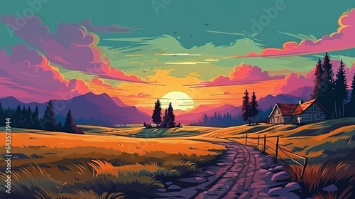 Landscape with cottage in the farm during sunrise in comic style, which can be used as background or wallpaper. Digital illustration generative AI. © Tepsarit