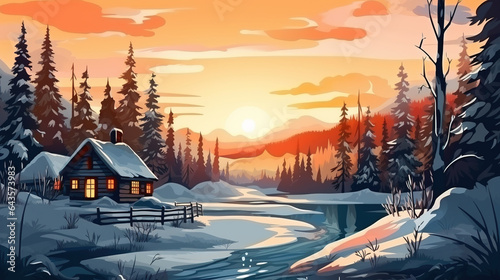 Landscape with cottage in the forest during sunrise and snow fall in comic style, which can be used as background or wallpaper. Digital illustration generative AI.